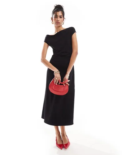 & Other Stories jersey midaxi dress with drape detail and asymmetric twist shoulder detail in black
