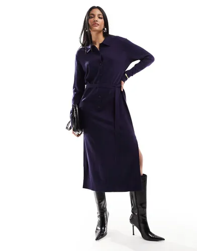 & Other Stories merino wool knitted belted midi dress in dark blue