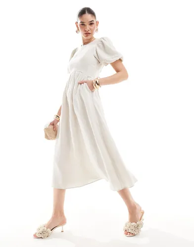 & Other Stories midi dress with volume sleeves and open back detail with tassels in off white