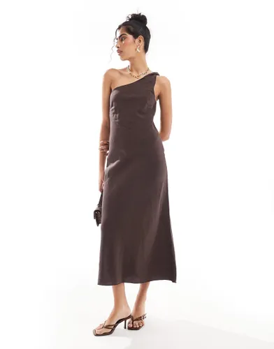 & Other Stories one shoulder linen midi dress with twisted strap detail in dark brown