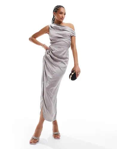 & Other Stories satin drape midaxi dress with side split and off shoulder cowl in grey