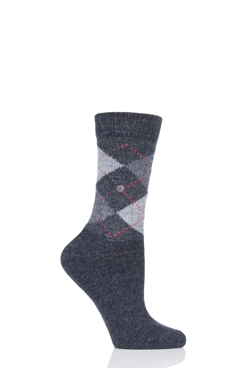 1 Pair Black / Grey Whitby Extra Soft Argyle Socks Ladies 3.5-7 Ladies - Burlington