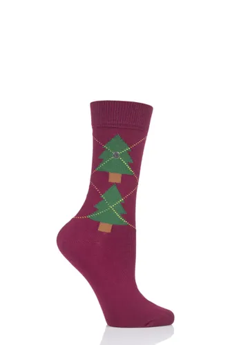 1 Pair Red Christmas Tree Argyle Cotton Socks Ladies 3.5-7 Ladies - Burlington