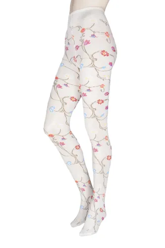 1 Pair White Platino Floral Knit Opaque Tights Ladies Small - Trasparenze