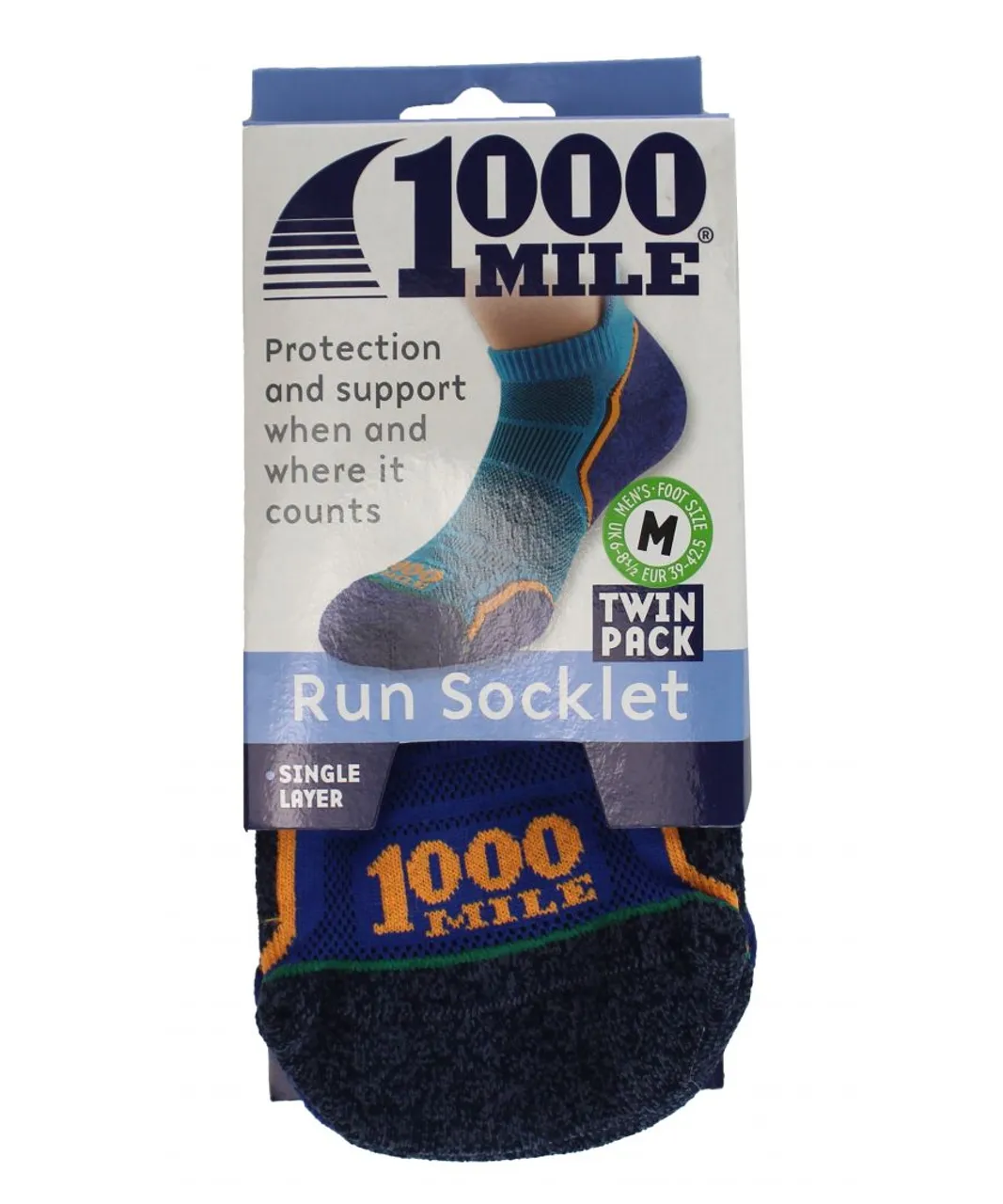 1000 Mile Socks - 2 Pack Mens Single Layer Soft Breathable Running Ankle - Kingfisher / Navy Nylon