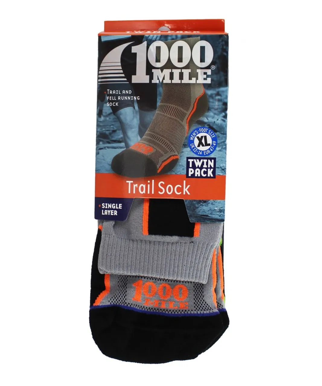 1000 Mile Socks - 2 Pack Mens Trail Single Layer Moisture Wicking Merino Wool - Grey - Orange