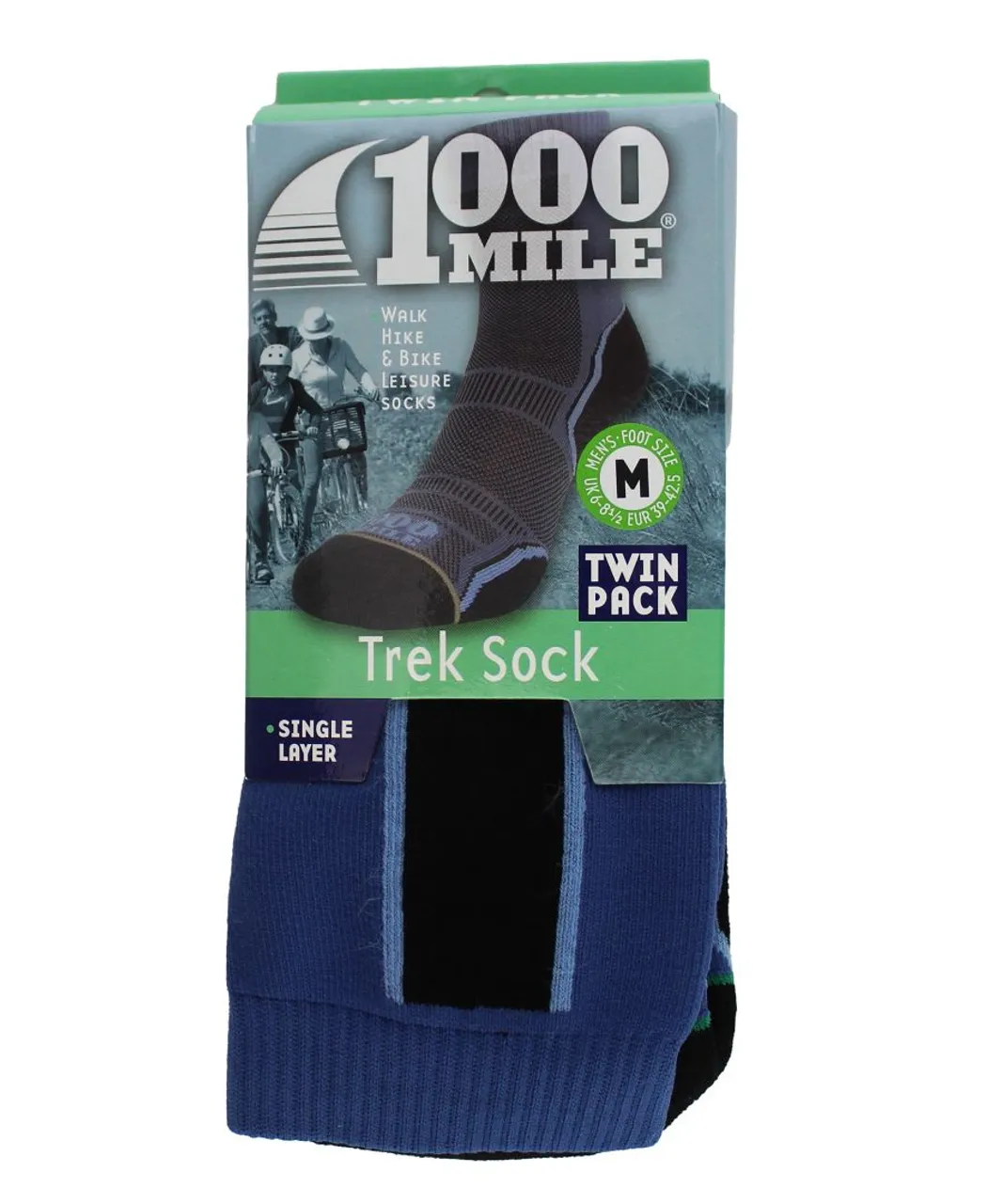 1000 Mile Socks - 2 Pack Mens Trek Single Layer Breathable Walking Merino Wool - Navy / Charcoal - Grey Nylon