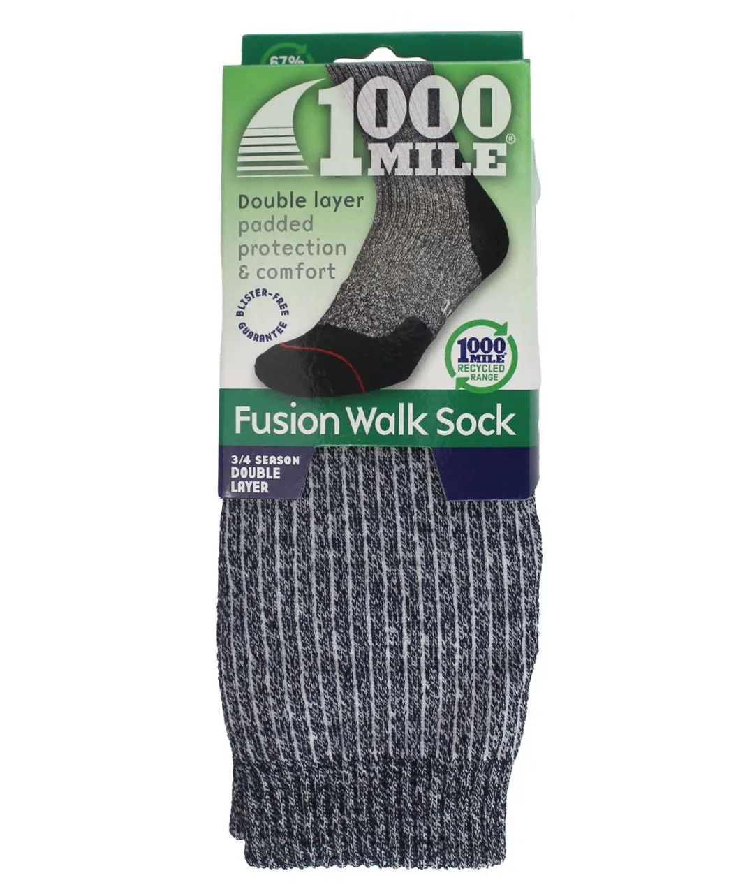 1000 Mile Socks Womens - Ladies Fusion Repreve Double Layer Anti Blister Walking - Navy / Cornflower - Grey Nylon
