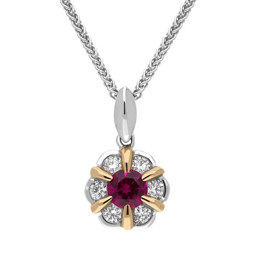 18ct White and Rose Gold Ruby Diamond Flower Cluster Necklace - Option1 Value White Gold