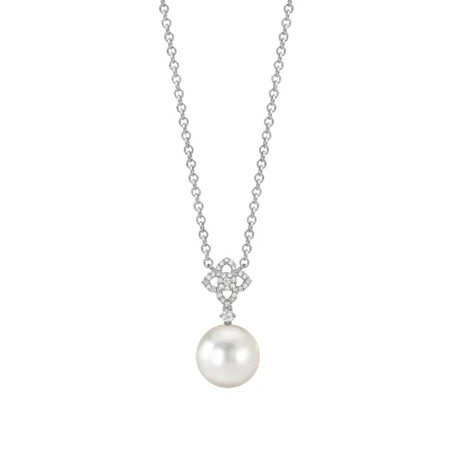 18ct White Gold 0.16ct Diamond Flower & Pearl Necklace