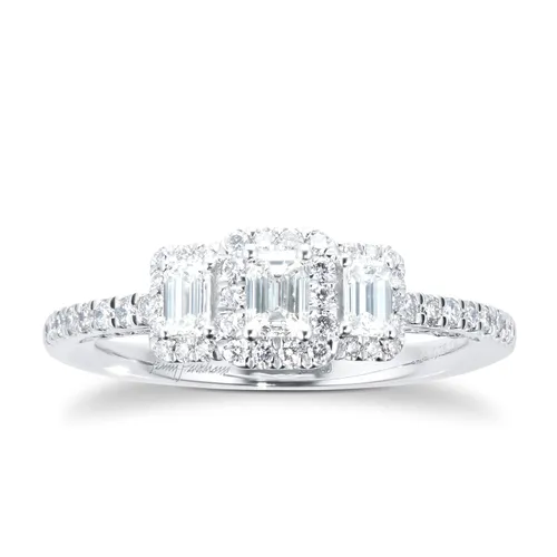 18ct White Gold 0.75cttw Diamond Emerald Halo 3 Stone Engagement Ring - Ring Size K