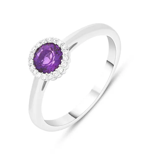 18ct White Gold Amethyst Diamond Round Cluster Ring - N