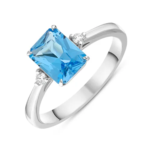 18ct White Gold Blue Topaz Diamond Emerald Cut Three Stone Ring - M.5