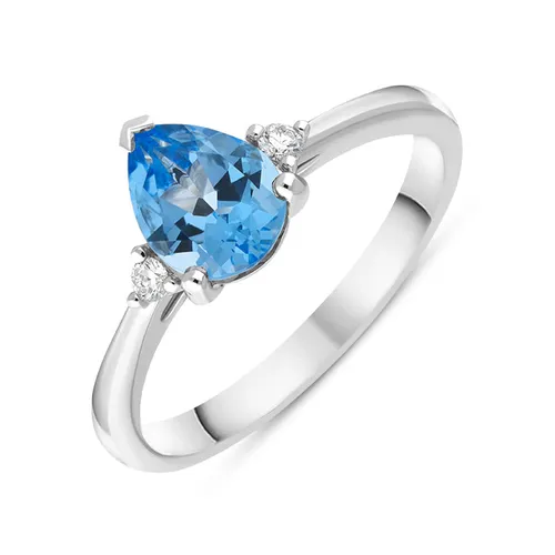 18ct White Gold Blue Topaz Diamond Pear Cut Three Stone Ring - N