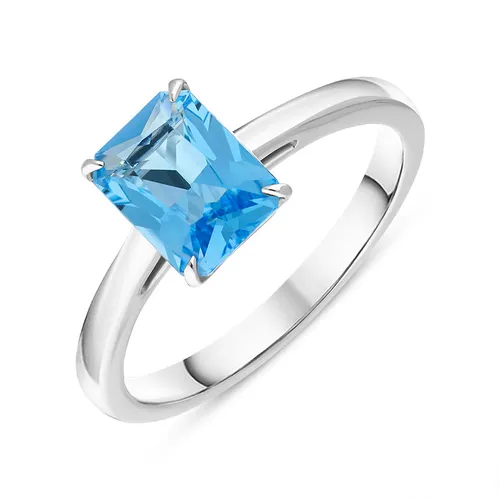 18ct White Gold Blue Topaz Emerald Cut Solitaire Ring D - N