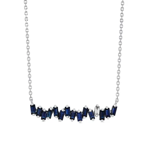 18ct White Gold Dark Blue Sapphire & 0.06cttw Diamond Baguette Bar Necklace
