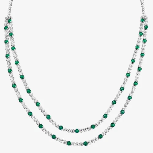 18ct White Gold Emerald & Diamond Two Row Necklace HSN1061(EM)