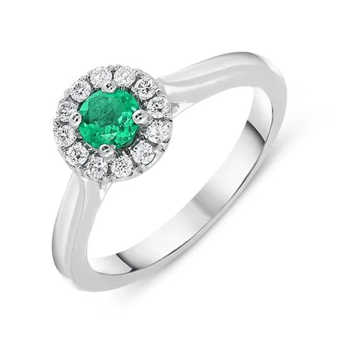 18ct White Gold Emerald Diamond Round Cluster Ring - N