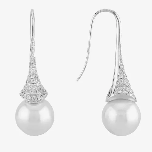 18ct White Gold Freshwater Pearl and Diamond Dropper Earrings  EOX70103DD