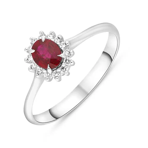 18ct White Gold Ruby Diamond Oval Cluster Ring - Gold