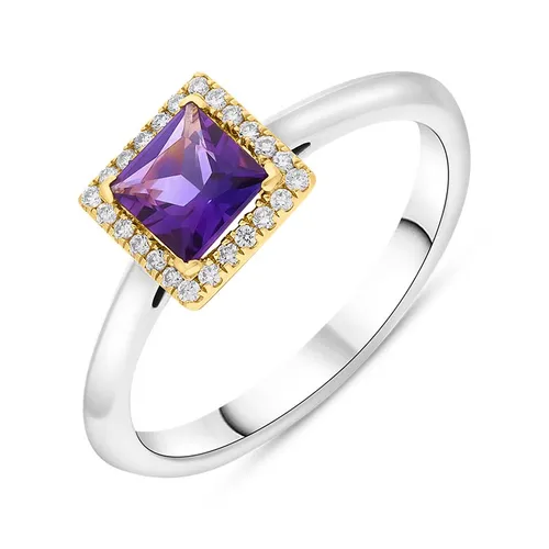 18ct White Yellow Gold Amethyst Diamond Square Cluster Ring - M