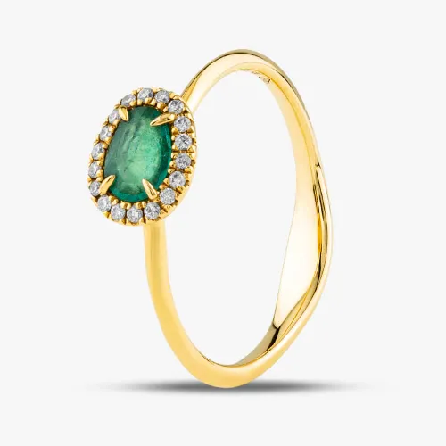 18ct Yellow Gold 0.21ct Emerald & 0.07ct Brilliant Cut Diamond Halo Ring NTX1958