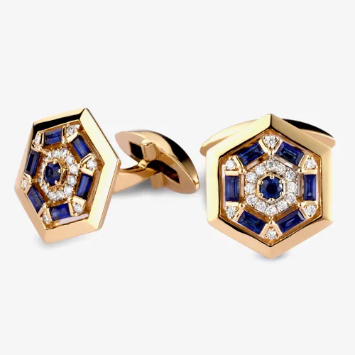 18ct Yellow Gold Diamond & Sapphire Hexagonal Cufflinks LG209/CA (BS)