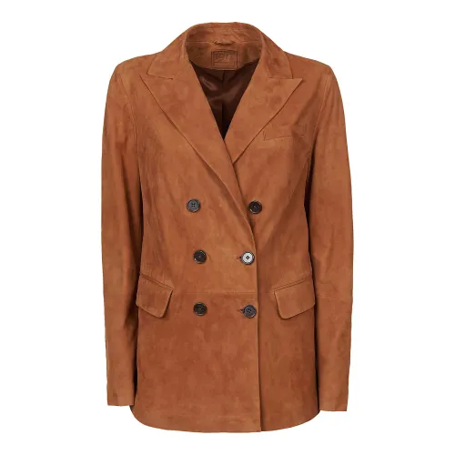 1972 Desa , Brown Leather Double-Breasted Blazer ,Brown female, Sizes: