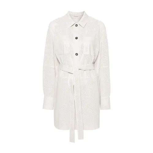 1972 Desa , Marble White Perforated Leather Shirt Jacket ,White female, Sizes: