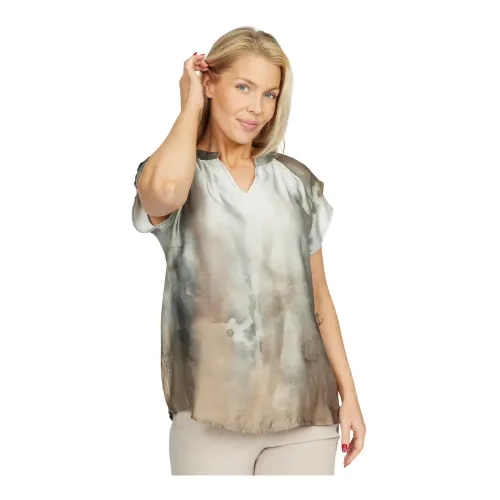 2-Biz , Printed Short Sleeve Blouse Sand ,Multicolor female, Sizes: