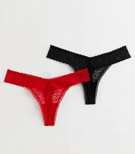 2 Pack Black and Red Animal Print Lace Thongs New Look