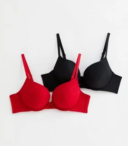 2 Pack Black and Red Flocked Heart Print Push Up Bras New Look