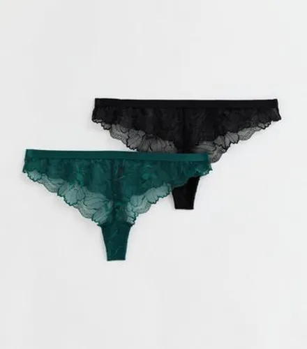 2 Pack Black and Teal Lace Thongs New Look