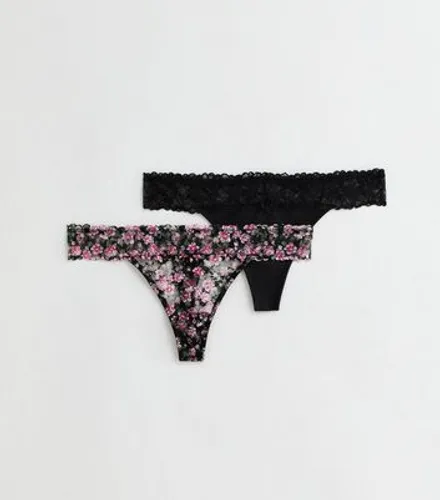 2 Pack Floral Print and Black Lace Tanga Thongs New Look