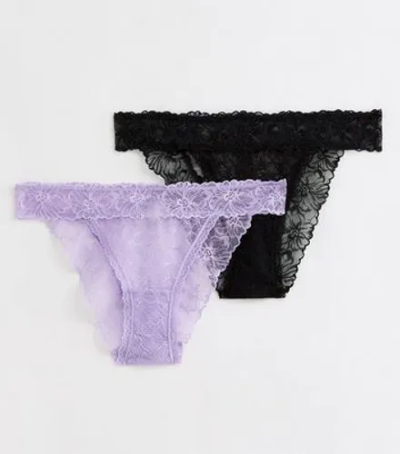 2 Pack Purple and Black Floral Lace Tanga Briefs New Look