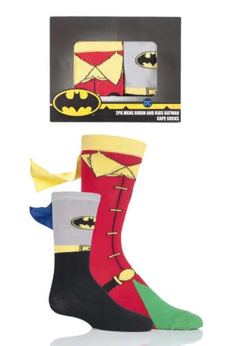 2 Pair Assorted Adult and Childs Batman and Robin Gift Boxed Cape Socks Kids Unisex 6-11 Mens 2-9 Years - Film & TV Characters