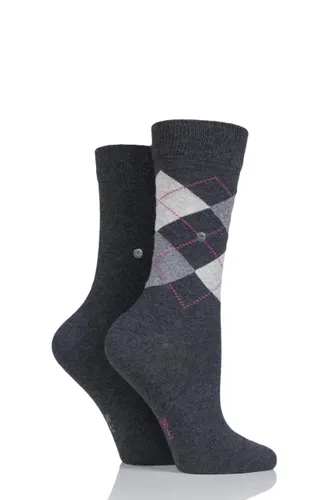 2 Pair Black / Grey Everyday Mix Plain and Argyle Cotton Socks Ladies 2.5-6.5 Ladies - Burlington
