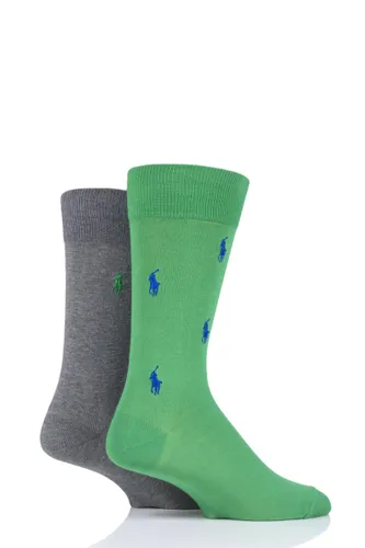 2 Pair Green/Grey Embroidered Horse and Plain Cotton Socks Men's 5-8 Mens - Ralph Lauren