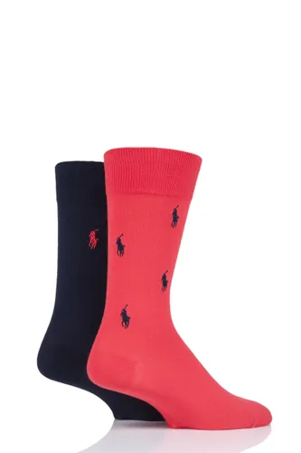2 Pair Red/Navy Embroidered Horse and Plain Cotton Socks Men's 5-8 Mens - Ralph Lauren