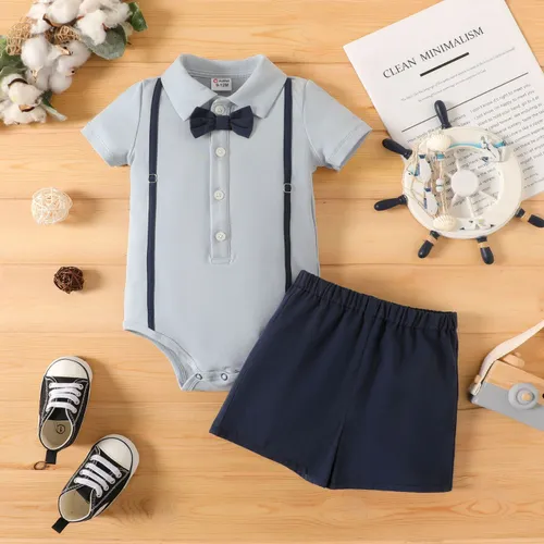 2pcs Baby Boy 100% Cotton Suspender Shorts and Bow Tie Decor Short-sleeve Shirt Romper Set