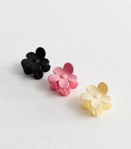 3 Pack Black Pink and Yellow Flower Mini Bulldog Claw Hair Clips New Look