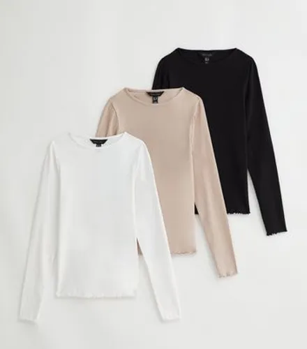 3 Pack Mink White and Black Ribbed Long Sleeve Tops New Look