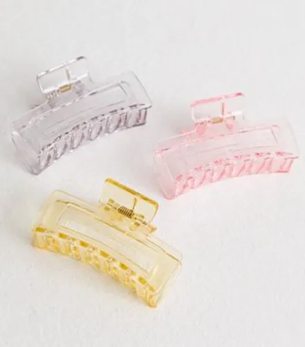 3 Pack Pink Yellow and Lilac Transparent Rectangle Hair Claw Clips New Look