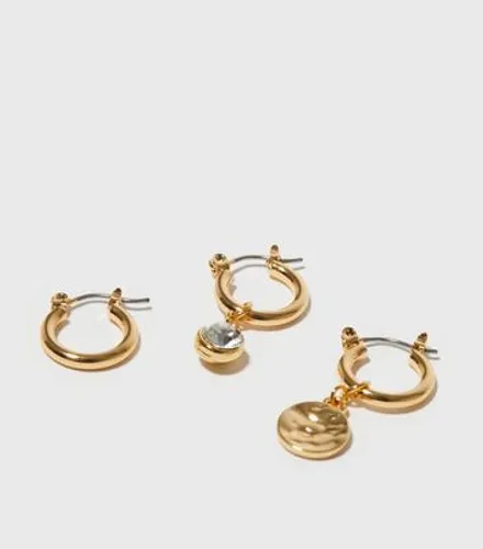 3 Pack Real Gold Plated Charm Huggie Hoop Earrings New Look