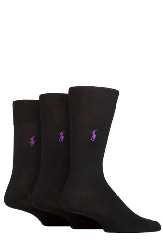 3 Pair Black Mercerized Cotton Flat Knit Plain Socks Men's 9-12 Mens - Ralph Lauren
