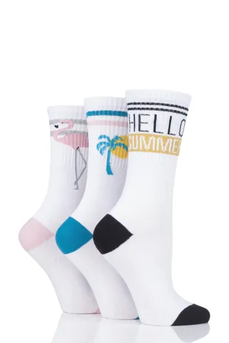 3 Pair Hello Summer Slogan Cotton Sports Socks Ladies 4-8 Ladies - Wild Feet