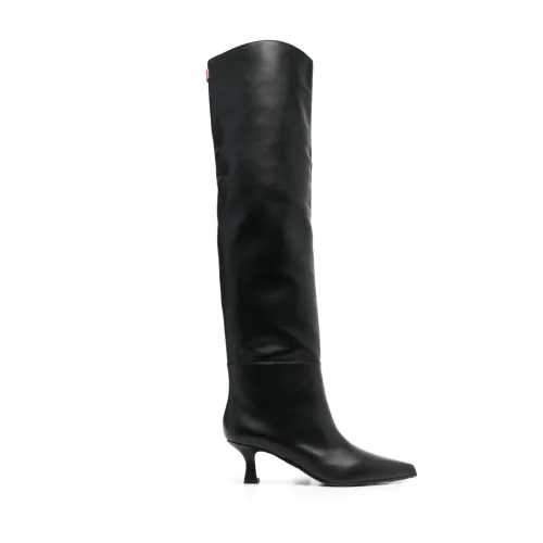 3Juin , Black Leather Knee-High Boots with Logo Patch ,Black female, Sizes: