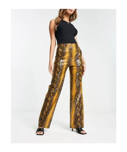4th & Reckless Womens leather look wide leg trousers in orange snake-Multi