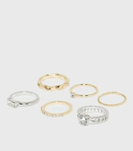 6 Pack Gold and Silver Diamanté Rings New Look