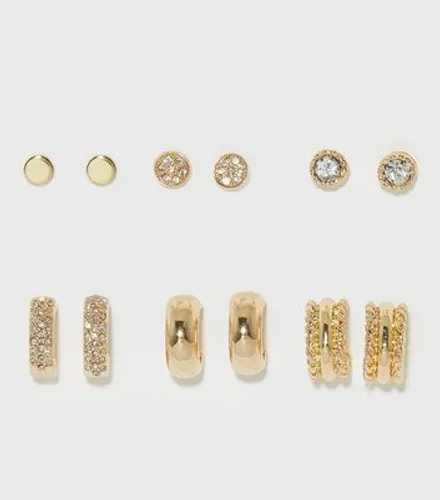 6 Pack Gold Diamanté Stud and Hoop Earrings New Look
